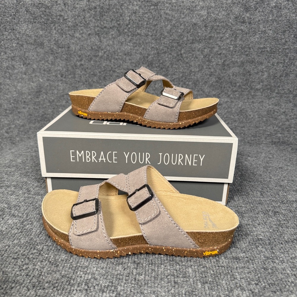 Dansko Womens Size 38 US 7.5 Slide Sandals Tan Dyna Stone Suede Leather Buckled